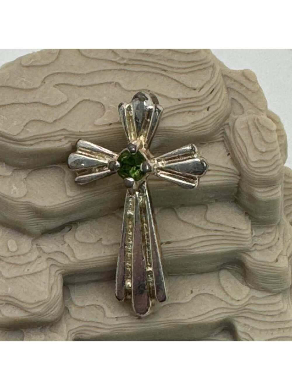 Sterling Silver Cross Pendant Emerald Green Gemstone Religious Charm 1" Vintage